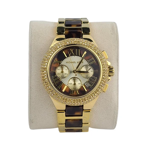 Michael Kors Camille Chronograph Tortoise Shell Two-Tone Watch Michael Kors Tortoise Diamond Bezel Dress Wrist Watch for  main image 3